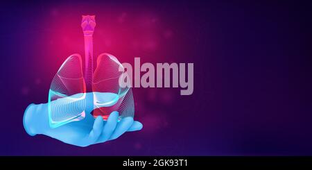 Human lungs on a doctor's hand in a realistic rubber glove. 3D anatomical medical concept with the silhouette of a human organ on abstract background. Stock Vector