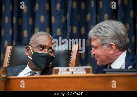 Washington, Vereinigte Staaten. 13th Sep, 2021. United States Representative Michael McCaul (Republican of Texas), Ranking Member, US House Committee on Foreign Affairs, right, confers with House Foreign Affairs Committee Chairman United States Representative Gregory Meeks (Democrat of New York), left, during a House Committee on Foreign Affairs hearing âAfghanistan 2001- 2021: Evaluating the Withdrawal and U.S. Policies â Part 1â in the Rayburn House Office Building in Washington, DC, Monday, September 13, 2021. Credit: Rod Lamkey/CNP/dpa/Alamy Live News Stock Photo