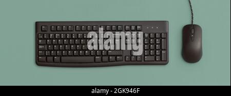 Computer black keyboard and mouse on green background. Top view. Flat lay. Stock Photo