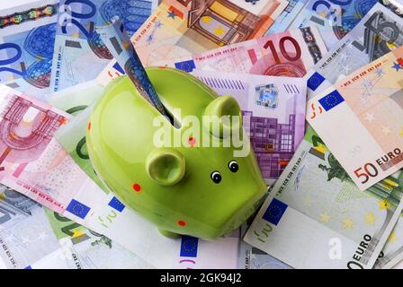 Euro bills with green piggybank, Europe Stock Photo
