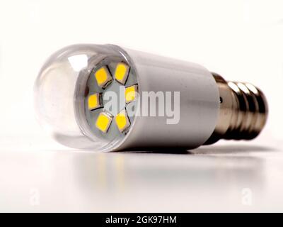 Close up shoot of white small led bulb with e12 socket. Isolated on white background. Stock Photo