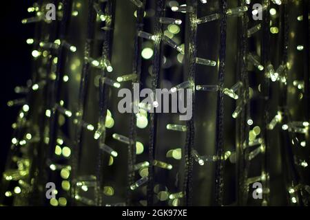 Garlands close up. The bulbs glow in the dark. LED lighting for party ...