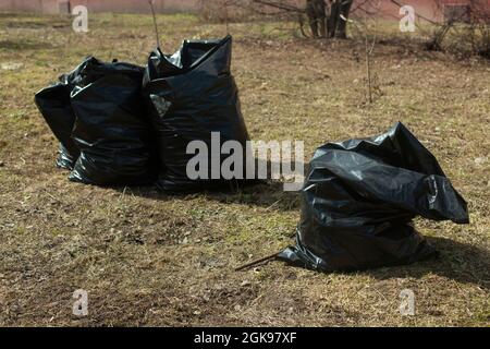 https://l450v.alamy.com/450v/2gk97xf/garbage-bags-in-the-park-waste-cleaning-collection-in-bags-of-dry-leaves-three-black-polityelen-bags-2gk97xf.jpg