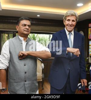 New Delhi, India. 13th Sep, 2021. NEW DELHI, INDIA - SEPTEMBER 13: Union Power and New & Renewable Energy Minister R K Singh and United States Special Presidential Envoy for Climate John Kerry during a meeting at Shram Shakti Bhawan on September 13, 2021 in New Delhi, India. John Kerry arrived in India on Sunday for his two-day visit that aims to lay the groundwork for American efforts ahead of a key United Nations climate conference scheduled for November. (Photo by Arvind Yadav/Hindustan Times/Sipa USA) Credit: Sipa USA/Alamy Live News Stock Photo