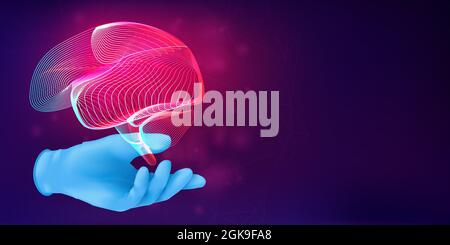 Human brain 3D silhouette on a doctor's hand in a realistic rubber glove. Anatomical medical concept with the contour of a human organ on abstract bac Stock Vector