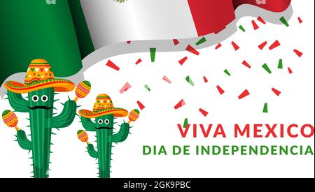 viva mexico dia de independencia with cactus holding maracas and use hat Stock Vector