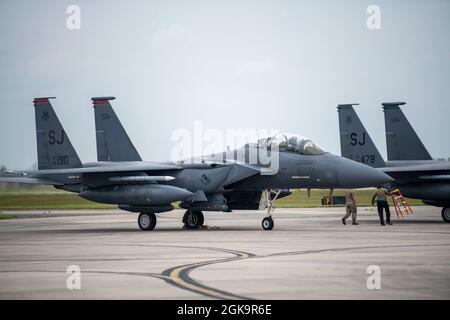 A U.S. Air Force F-15E Strike Eagle assigned to the 335th Fighter Squadron out of Seymour Johnson Air Force Base, North Carolina, taxis on the flight line at Tyndall AFB, Florida, Sept. 9, 2021. The F-15E is a two seater fighter jet that uses a pilot to detect and engage in air-to-air combat, and a weapons systems officer to designate air-to-ground targets. (U.S. Air Force photo by Airman 1st Class Tiffany Price) Stock Photo