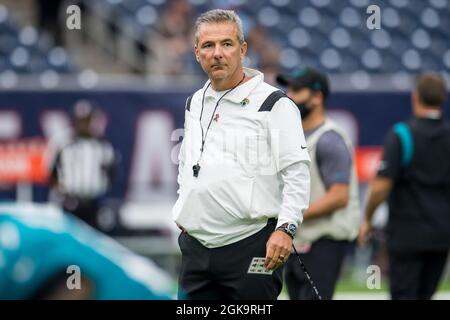 Houston, TX, USA. 12th Sep, 2021. Jacksonville Jaguars head coach Urban Meyer prior to an NFL football game between the Jacksonville Jaguars and the Houston Texans at NRG Stadium in Houston, TX. The Texans won the game 37 to 21.Trask Smith/CSM/Alamy Live News Stock Photo