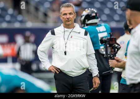 Houston, TX, USA. 12th Sep, 2021. Jacksonville Jaguars head coach Urban Meyer prior to an NFL football game between the Jacksonville Jaguars and the Houston Texans at NRG Stadium in Houston, TX. The Texans won the game 37 to 21.Trask Smith/CSM/Alamy Live News Stock Photo