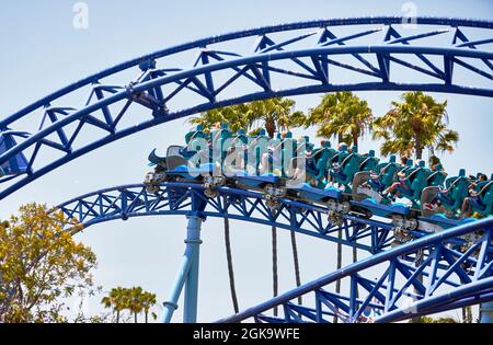 San Diego, California, USA - July 16, 2021: People riding the roller coaster at Sea World Stock Photo