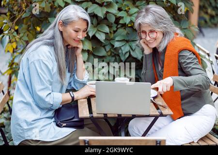 Grey haired lady with Asian friend surf internet on laptop on outdoors cafe terrace Stock Photo