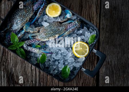 Seafood overhead shot. Fresh crab prawns on ice and wooden background. Stock Photo