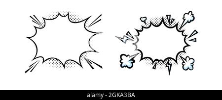 Smashing speech bubbles with puffing smoke and lightnings. Bang and boom shapes. Vector illustration isolated in white background Stock Vector