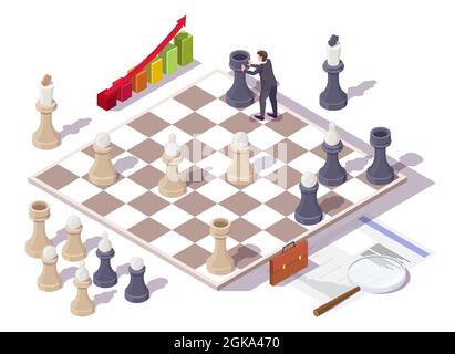 Businessman playing chess board game, vector isometric illustration. Business strategy concept. Stock Vector