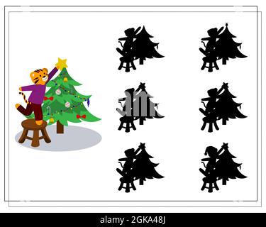 A logical game for children. Find the right shadow. Tiger decorates the Christmas tree. Vector Stock Vector