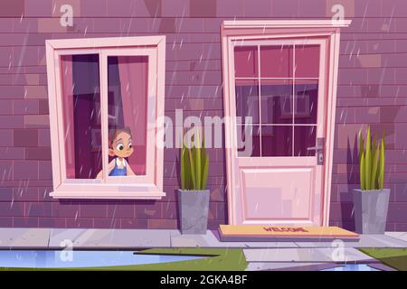 Sad little girl sitting at house window looking on street at rainy weather waiting rain stop. Boring child spend time at home, outside view of building facade with door. Cartoon vector illustration Stock Vector