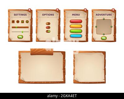 Game Settings Screen. Options And Preferences. Vector Graphical User  Interface UI GUI For 2d Video Games. Wooden Menu, Panels And Buttons For  Menu. Royalty Free SVG, Cliparts, Vectors, and Stock Illustration. Image