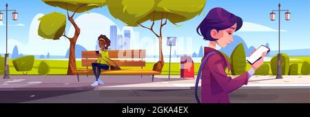 Women with smartphones in city park walking and sitting on bench, using wifi for internet networking, communicating and sending messages. Girls use mobile phones outdoors, Cartoon vector illustration Stock Vector