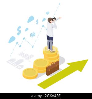 Businessman on coin stack looking through telescope, vector isometric illustration. Business leader, future vision. Stock Vector