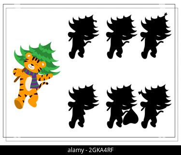 A logical game for children. Find the right shadow. A tiger carries a Christmas tree. Vector Stock Vector