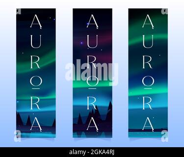 Aurora borealis, northern lights in arctic night sky with stars on bookmarks. Vector vertical banners with cartoon winter landscape with lake, silhouettes of trees and polar lights Stock Vector