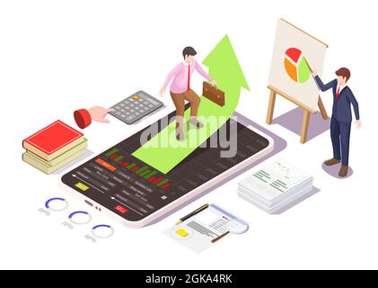 Financial investment in stocks classes, training, stock trading online courses, vector isometric illustration. Webinar. Stock Vector