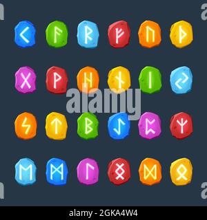 Rune stones with white sacred glyphs for game design isolated on dark background. Vector cartoon set of colored stones with shiny magic signs, scandinavian runic characters Stock Vector