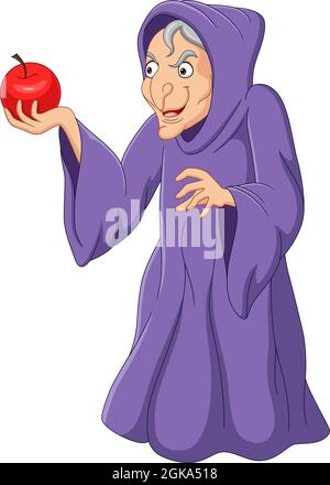 Cartoon old witch holding red apple Stock Vector
