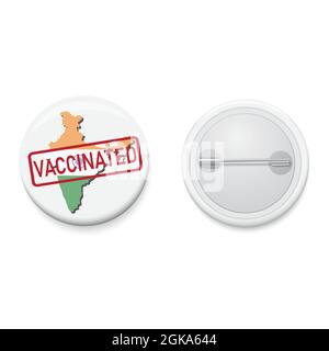 White button badge COVID-19 VACCINE campaign India map with VACINATED stamp. Realistic pin button. Vector and illustration design. Stock Vector