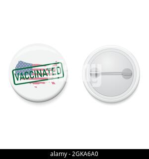 White button badge COVID-19 VACCINE campaign United States map with VACINATED stamp. Realistic pin button. Vector and illustration design. Stock Vector