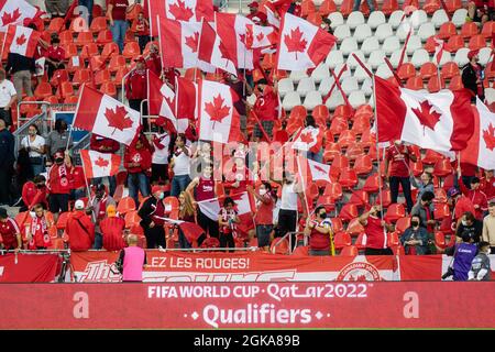 Toronto, Canada, September 8, 2021: Team Canada supporters sings the Canadian National Anthem during the opening ceremony of the CONCACAF World Cup Qualifying 2022 match between Canada VS El Salvador at BMO Field in Toronto, Canada. Stock Photo