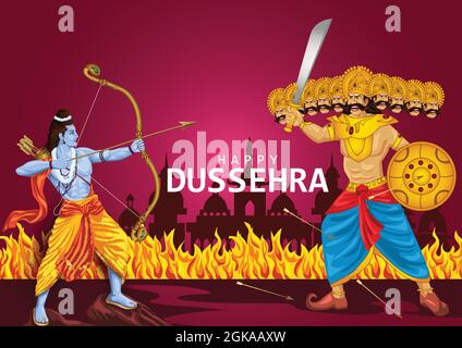 Premium Vector | Lord rama with arrow killing ravana in navratri festival  of india poster with hindi text dussehra, hand drawn sketch vector  illustration.
