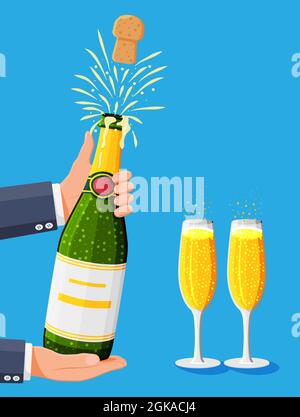 Champagne bottle opening with pop and cork flying. Stock Vector