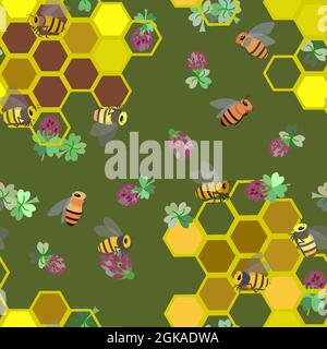 pattern with bee, honeycomb, clover flowers Stock Vector