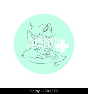 The logo depicting a girl with a dog is an emotional support for animals. Concept for veterinary medicine.Vector illustration. Stock Vector