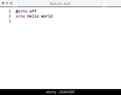 Batch language Hello World program sample in editor window illustration Stock Vector