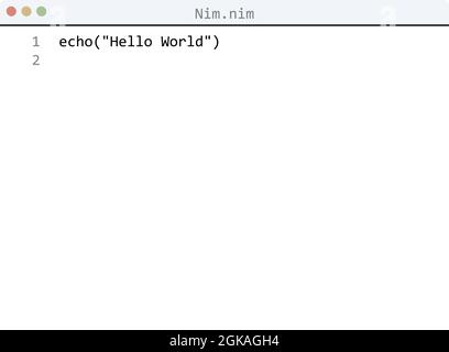 Nim language Hello World program sample in editor window illustration Stock Vector
