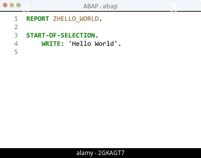 ABAP language Hello World program sample in editor window illustration ...