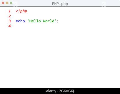 PHP language Hello World program sample in editor window illustration Stock Vector