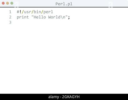 Perl language Hello World program sample in editor window illustration ...