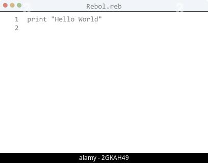 Rebol language Hello World program sample in editor window illustration Stock Vector