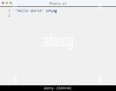 Pharo language Hello World program sample in editor window illustration Stock Vector