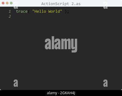 ActionScript 2 language Hello World program sample in editor window illustration Stock Vector