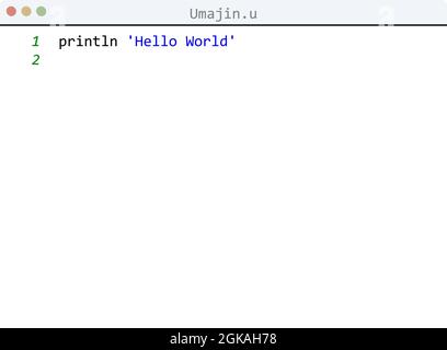 Umajin language Hello World program sample in editor window illustration Stock Vector