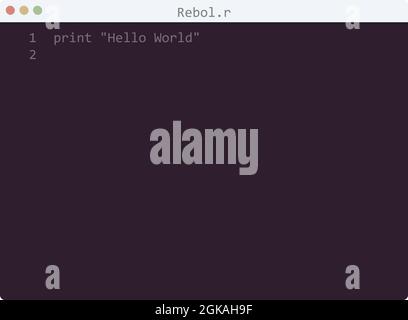 Rebol language Hello World program sample in editor window illustration Stock Vector