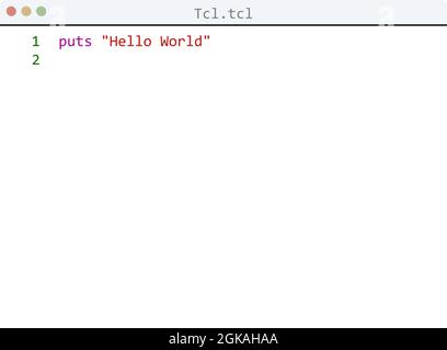 Tcl language Hello World program sample in editor window illustration Stock Vector