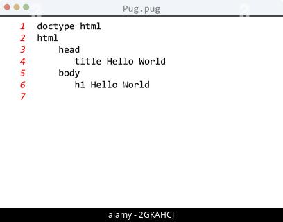 Pug language Hello World program sample in editor window illustration Stock Vector