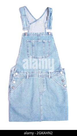 Denim overall dress on white background 
