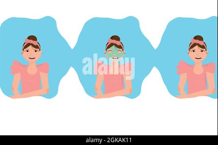 A young girl is using a cosmetic face mask.Teenage Skin Pimples and Acne. Stock Vector