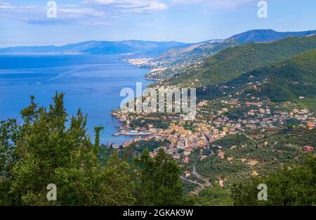 Aerial view of the Ligurian coast over Recco and towards Genoa, Italy. Stock Photo